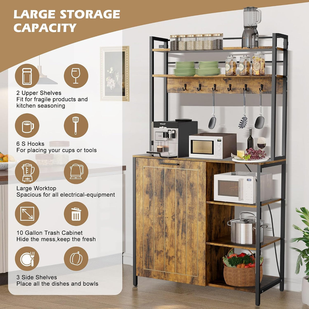 Kitchen Bakers Rack with Power Outlet, Microwave Oven Organizer