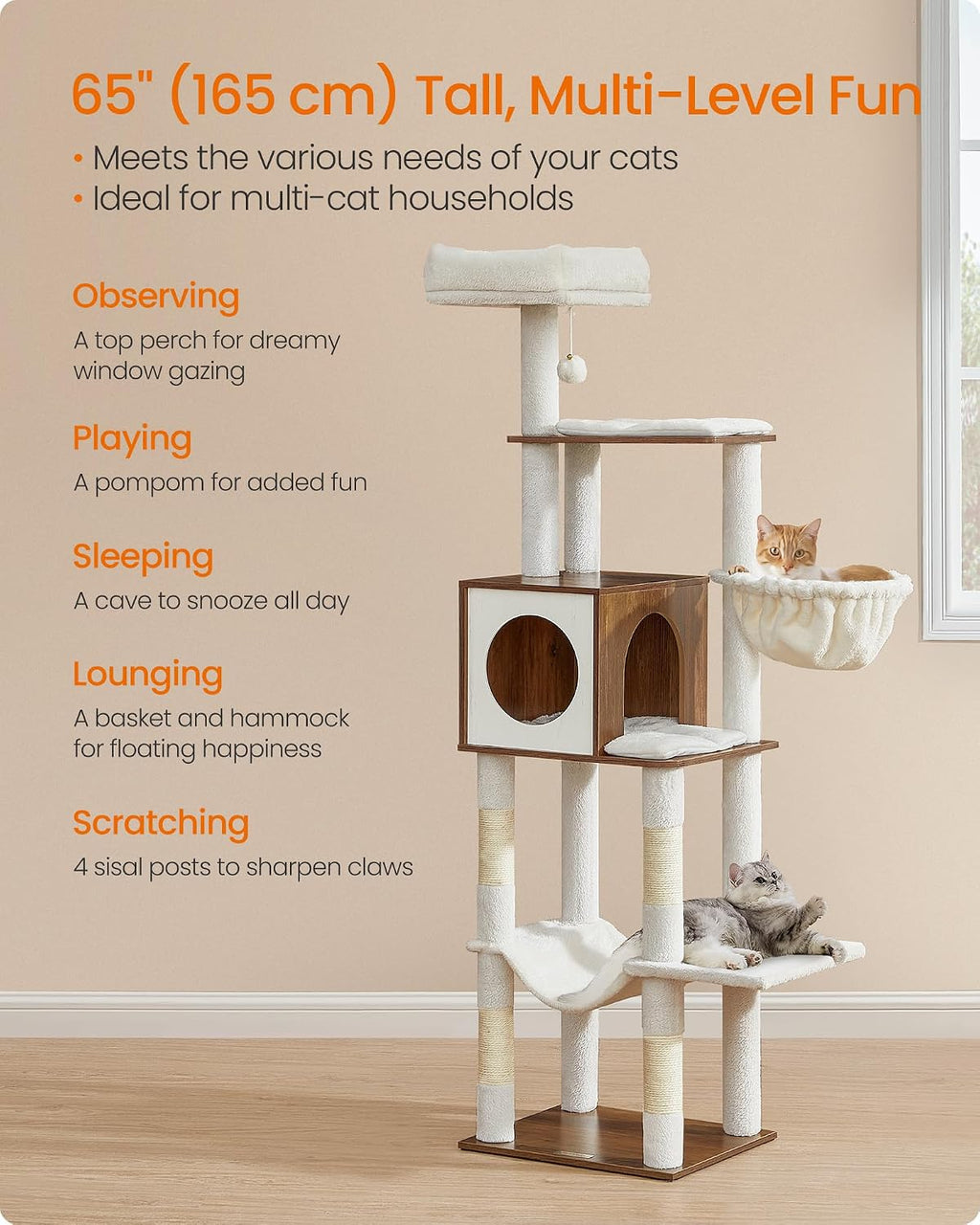 Feandrea Cat Tree, 65-Inch Tall Cat Tower, Multi-Level Condo with Cave
