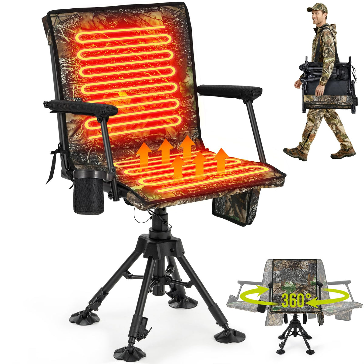 HUNTSEN 360° Silent Swivel Hunting Chair for Blinds - Stable Portable Ground Blind Chair Adjustable 4 Legs & Seat Height Folding Outdoor Fishing Seat with Anti-Sink Feet Armrest - Supports 330lbs