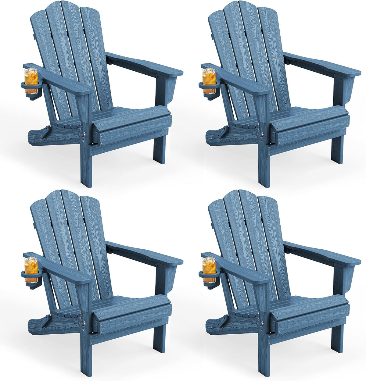 KINGYES Folding Adirondack Chair Set of 4 with Cup Holder, Navy