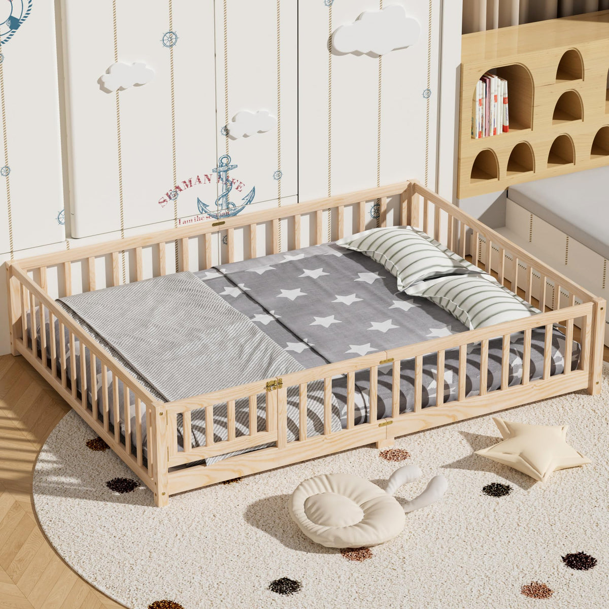 i-POOK Full Size Floor Bed for Children, Solid Wood Montessori Bed Frame with Fence & Door Montessori Floor Bed with Safety Guardrails for Girls and Boys, White (with Bed Slats)