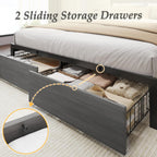 Queen Bed Frame with Charging Station, LED Lights, 2 Drawers, Rustic Grey