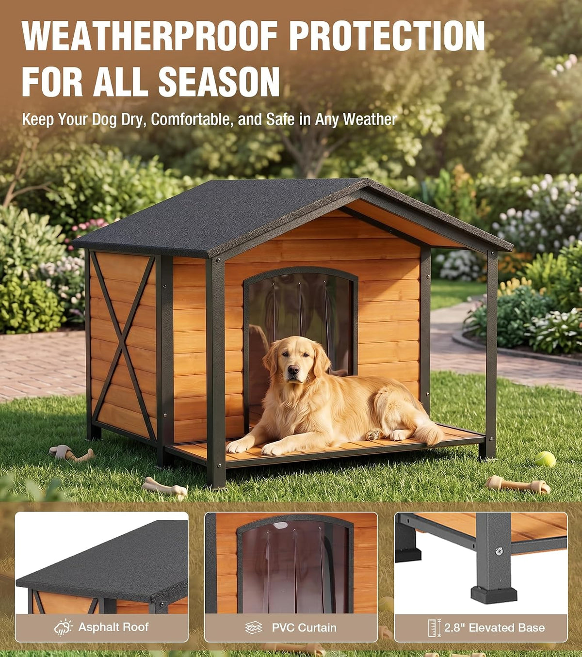 Extra Large Dog House Outdoor with Full Iron Frame and Covered Porch