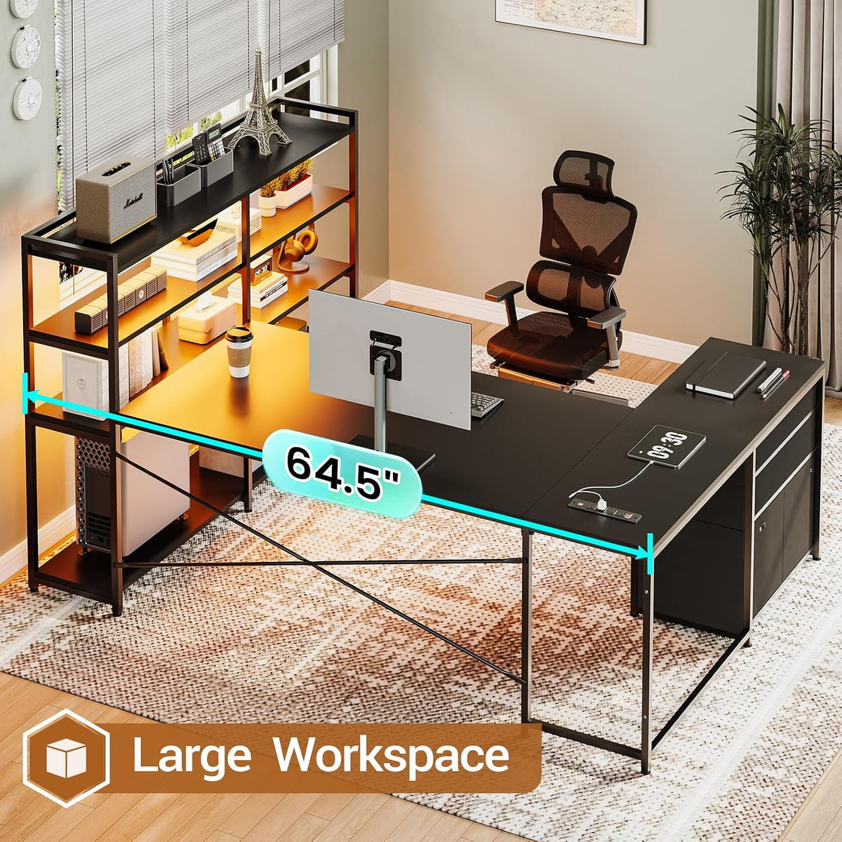 SEDETA 64.5" Reversible L Shaped Gaming Desk with Storage Drawers, Shelves