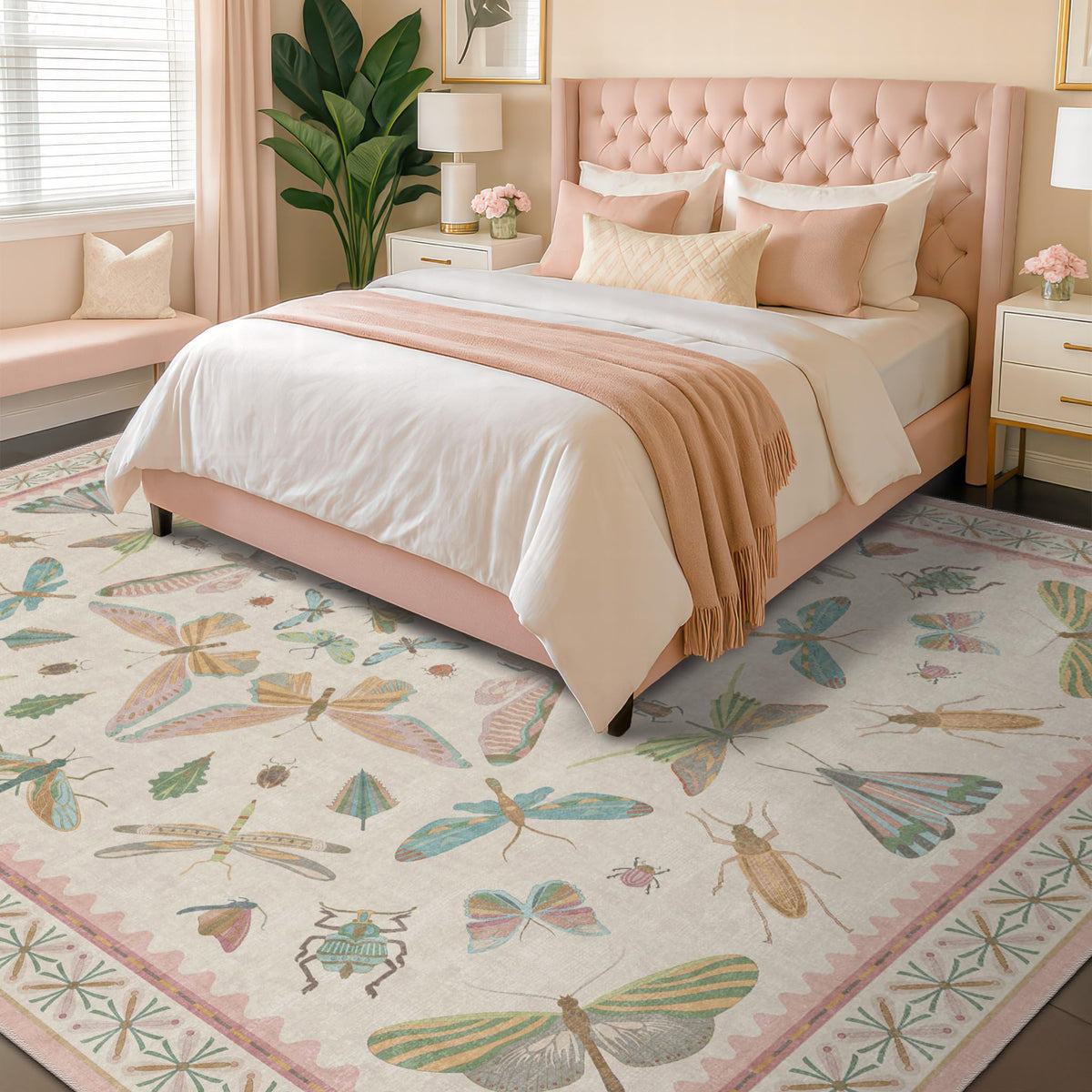 Hazo Haus Dark Green Insect Area Rugs 8x10 for Living Room, Dining Room Under Table, Bedroom, Unique Washable Floral Non Slip Low Pile Soft Rug