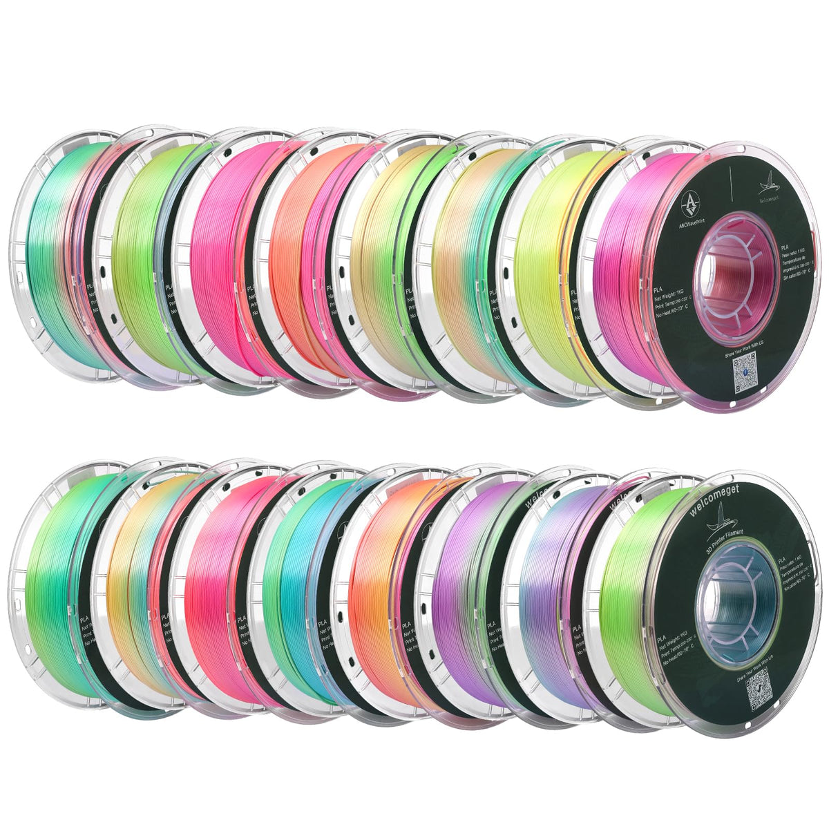 PLA 3D Printer Filament Bundle, Dimensional Accuracy +/- 0.02 mm, 16 x 1 kg Spool(35.2lbs), 1.75 mm，Black White Grey Red Green Blue Yellow Purple Silver Transparent Pink Orange Wood Brown