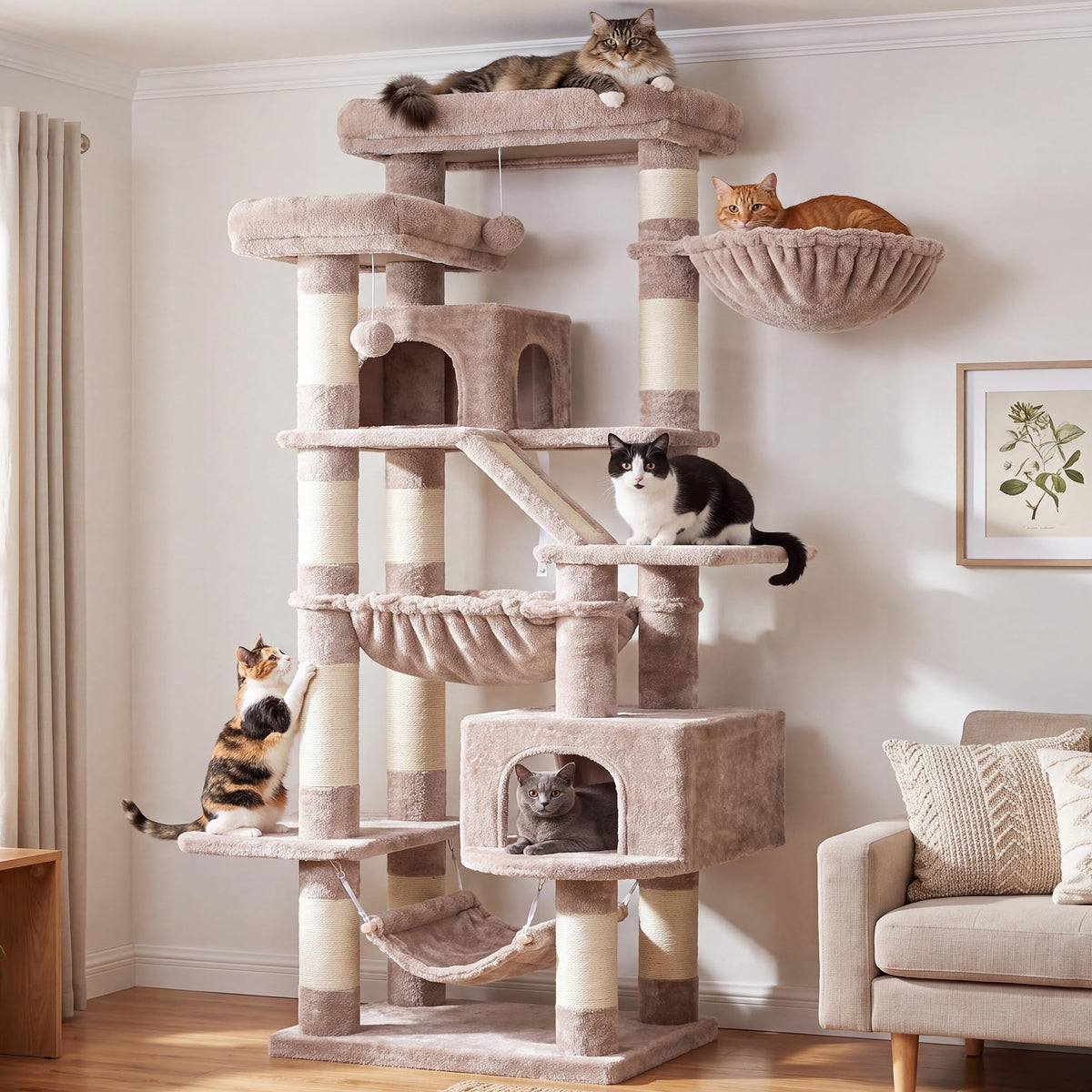 Heybly Cat Tree, 71-Inch-Tall Tower for Indoor Cats with 2 Perches HCT034G