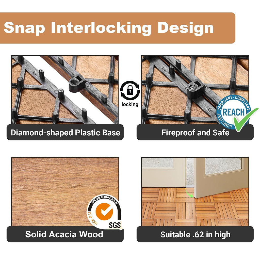 PrimeZone 54 PCS Solid Acacia Wood Interlocking Deck Tiles, Natural Wood