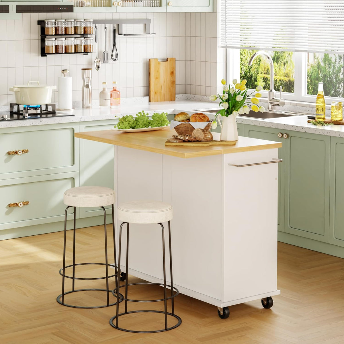 JY QAQA 39" Rolling Kitchen Island Cart on Wheels, Mobile Storage Cabinet with 2 Drawers & Double Door Cabinet, Cart Handle for Towel Rack or Free Mobility, Portable Islands for Kitchen, White