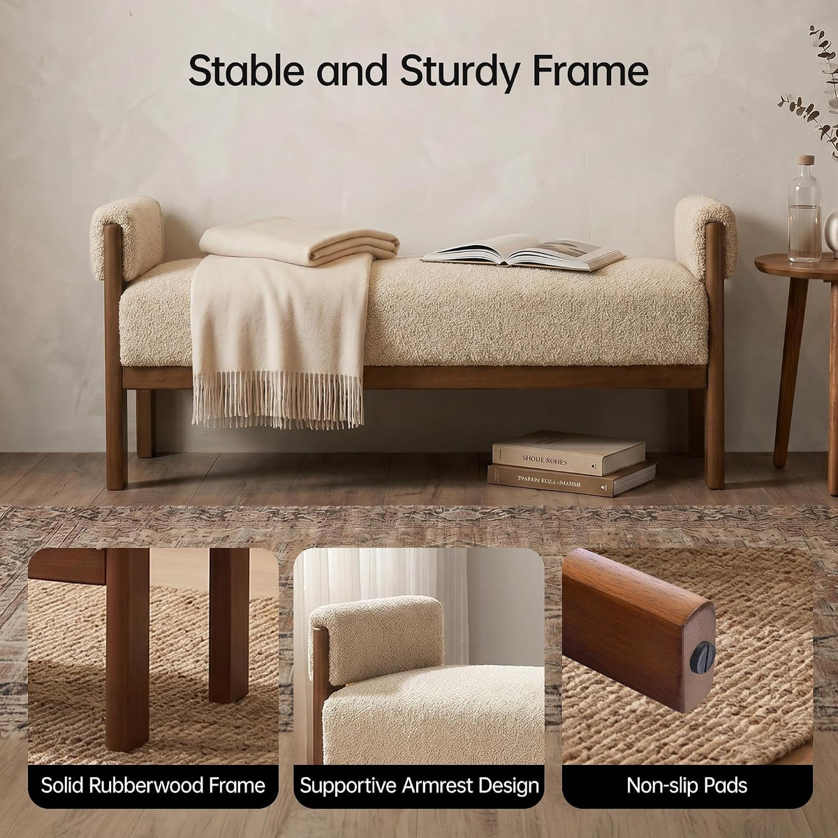 VKNOW 51.8”End of Bed Bench Upholstered Bedroom Bench with Arms, Brown