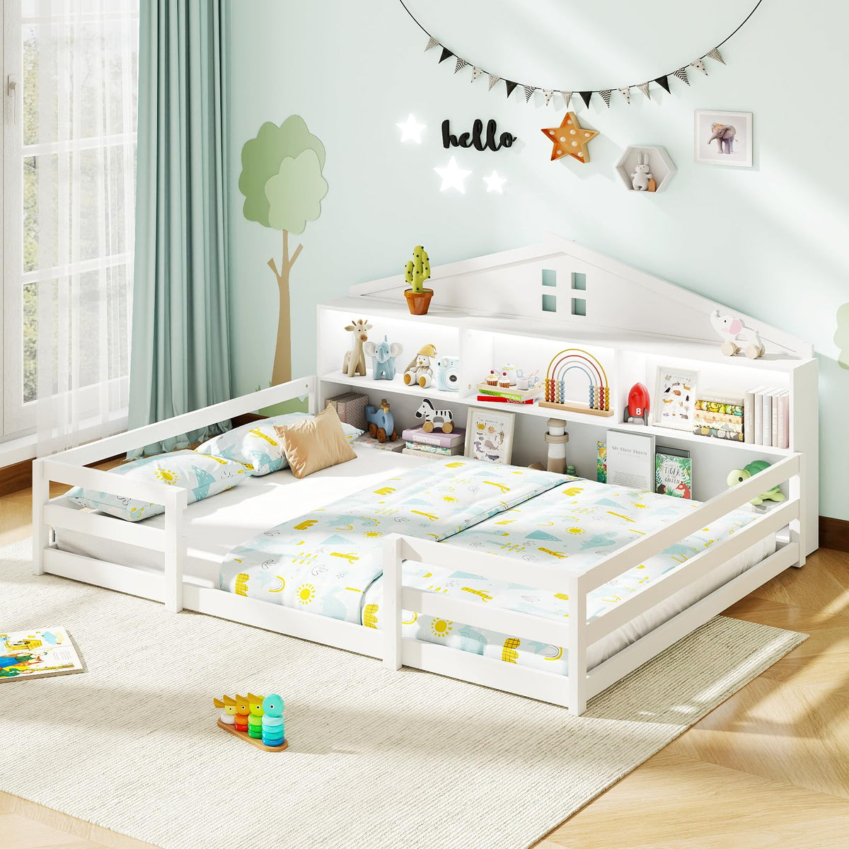 GIANTEX Full Size Floor Bed for Kids, Wooden Montessori Bed Frame with Bookcase, Storage Shelves & Safety Fence Rails, Floor Beds Full for Girls, Boys, No Box Spring Needed, Without Slats, White