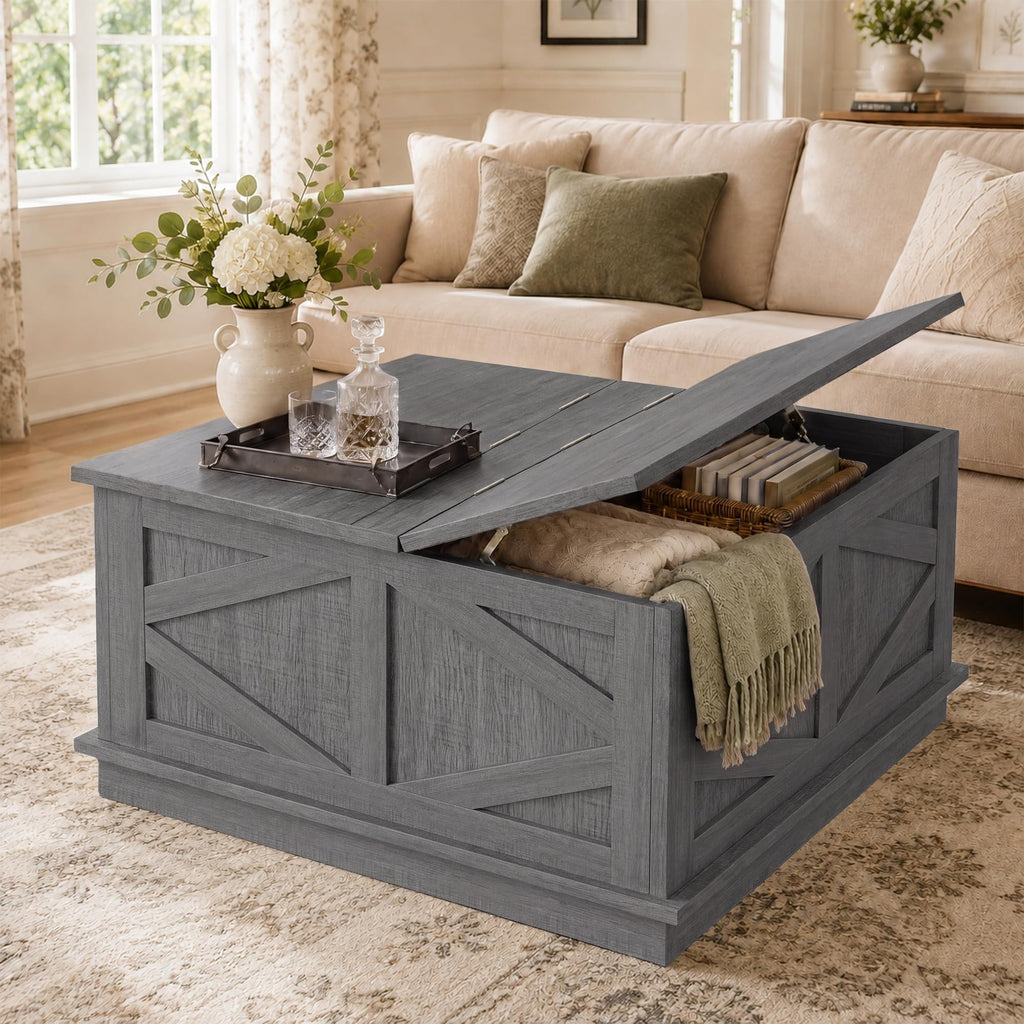 YESHOMY 31.5 Inch Square Farmhouse Coffee Table with Storage, Rustic Brown