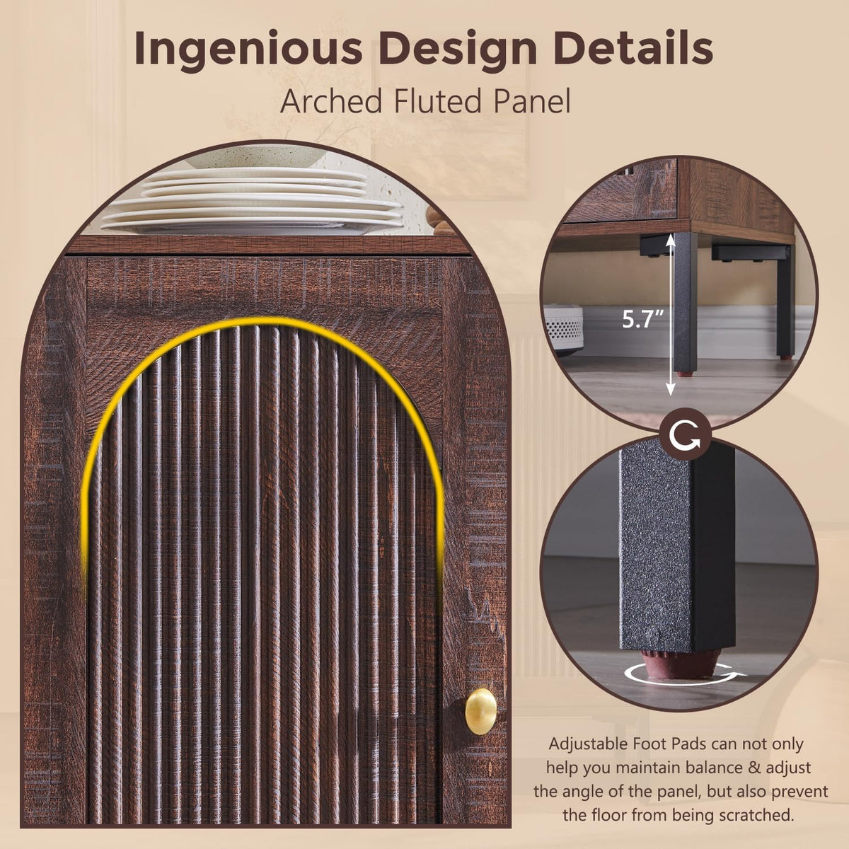 IFGET 34" Tall Modern Arched Sideboard Buffet Cabinet with Storage, Brown