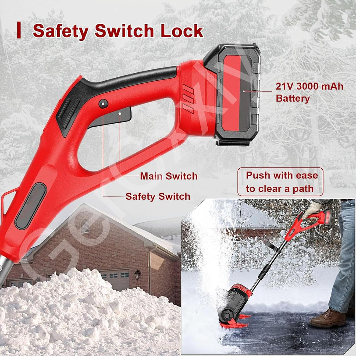 21V Electric Cordless Snow Shovel,Rechargeable Snow Thrower for Driveway,Patio,Deck,30CM Clearing Width,8M Throwing Distance,2 Batteries & Fast Charger,3000 RPM