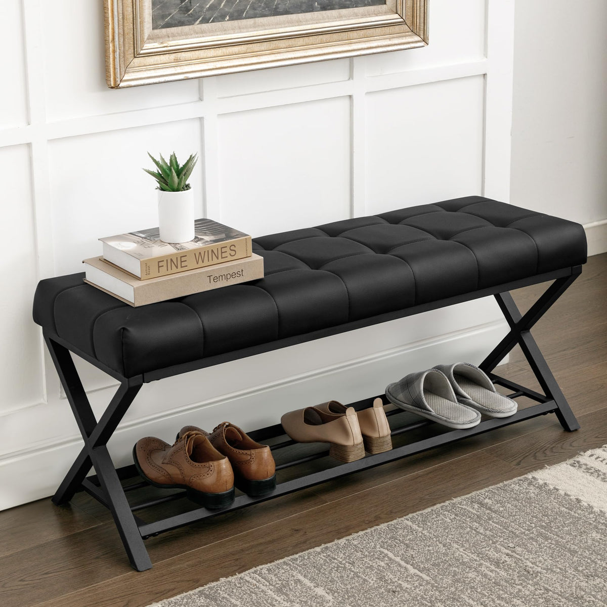 LUE BONA 44.5” End of Bed Bench with Shelf, Linen Tufted Upholstered Storage Shoe Bench, Modern Bedroom Bench with Metal Legs for Living Room, Entryway, Dining Room, 300 LB, Yellowish Brown