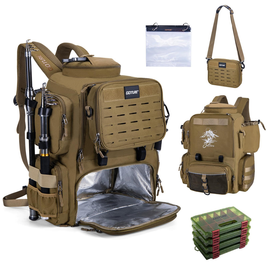 Goture Fishing Backpack with Cooler, 4 Tackle Boxes, Detachable Sling Bag