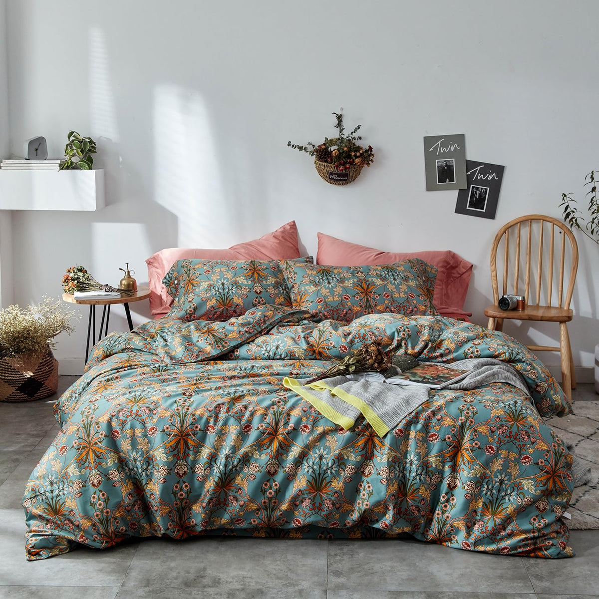 mixinni Garden Style Cotton Flowers and Birds Pattern Printed Duvet Cover Reversible Design Peacock Blue 3 Piece Bedding Duvet Set with Zipper Closure, Perfect for Him and Her-Queen Size
