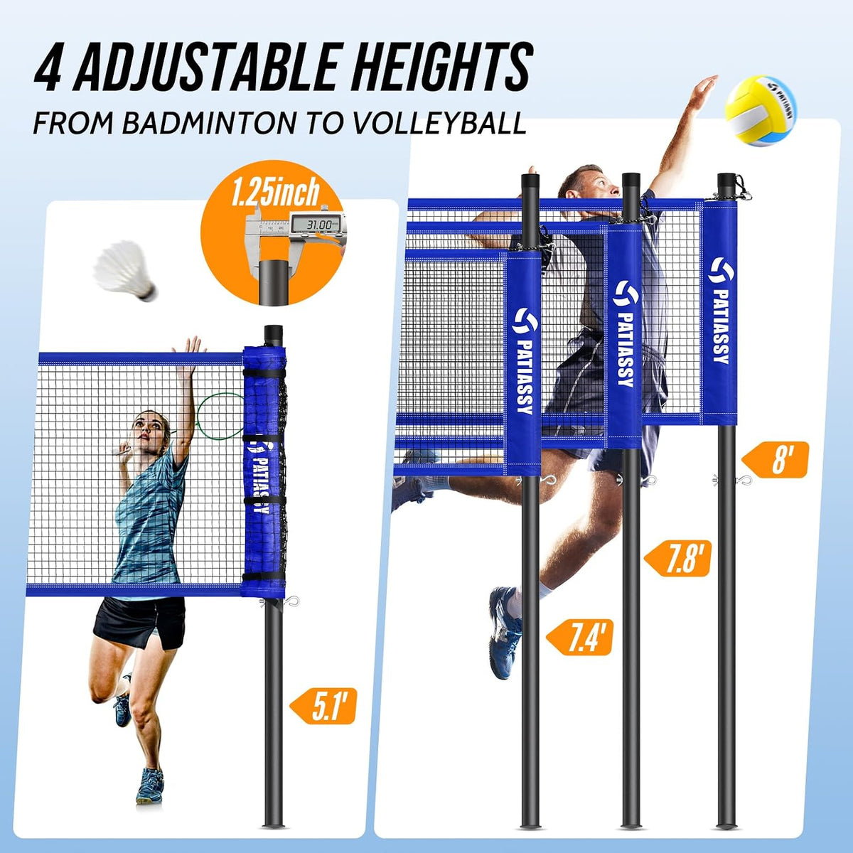 Portable Volleyball Net Set for Backyard, Adjustable Width (32/26/20FT) & Height, Anti-Sag Tension Design for Outdoor Stability, PU Volleyball with Pump, Carry Bag