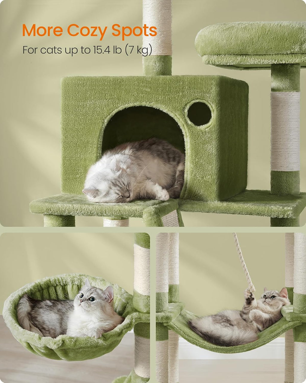 Feandrea Cat Tree, 81.1-Inch Large Cat Tower, Multi-Level Condo, Green