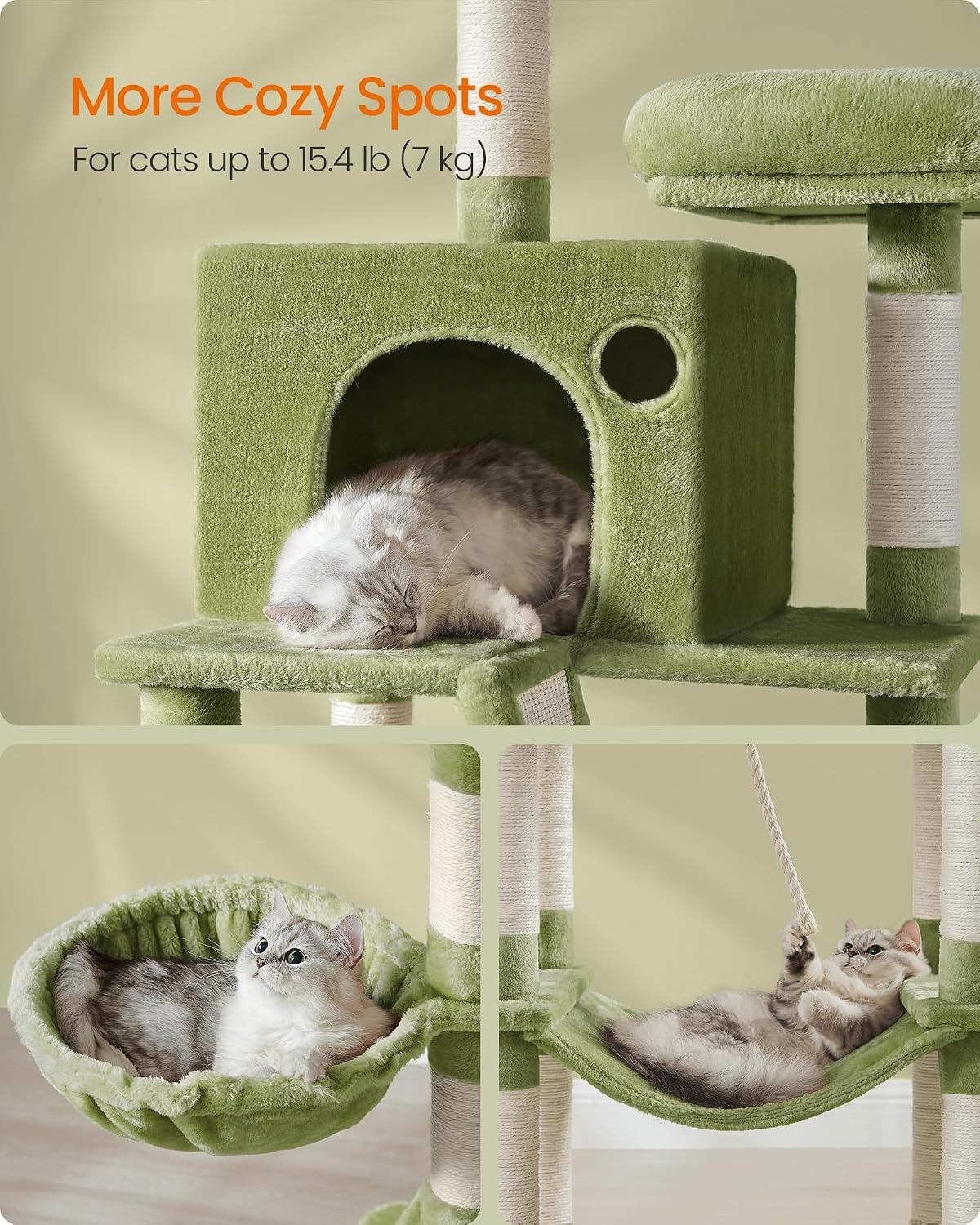 Feandrea Cat Tree, 81.1-Inch Large Cat Tower, Multi-Level Condo, Green