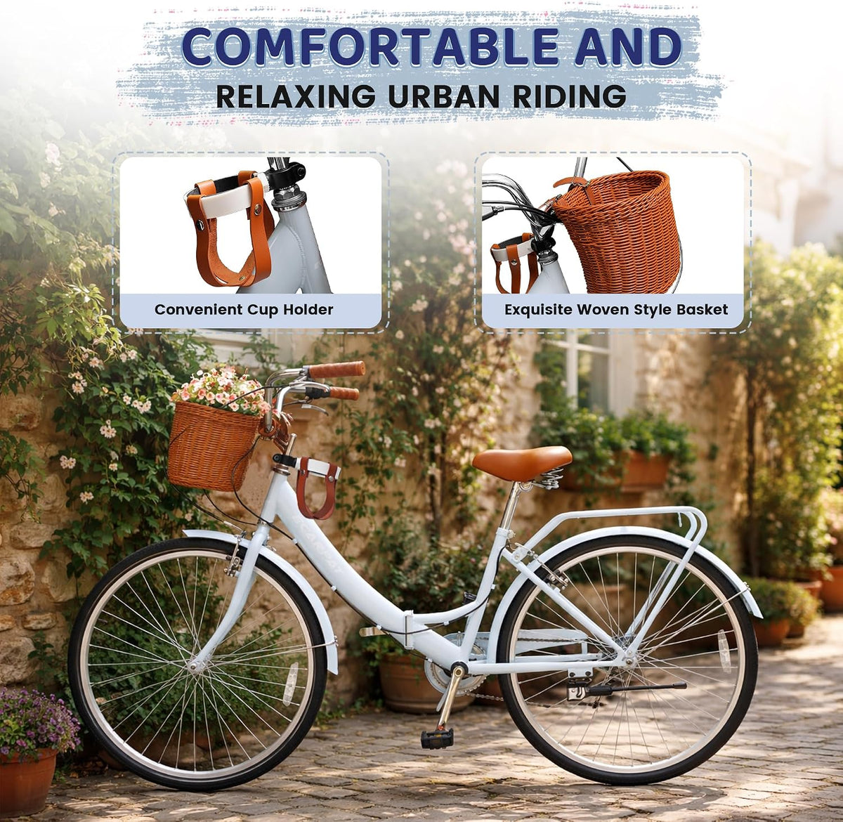 Ecarpat 26 Inch Folding Beach Cruiser Bike for Women, 7 Speed Comfortable City Bike with Rear Rack, Cup Holder and Basket, Steel Frame Commuter Foldable Bicycle with Dual V-Brakes for Adults