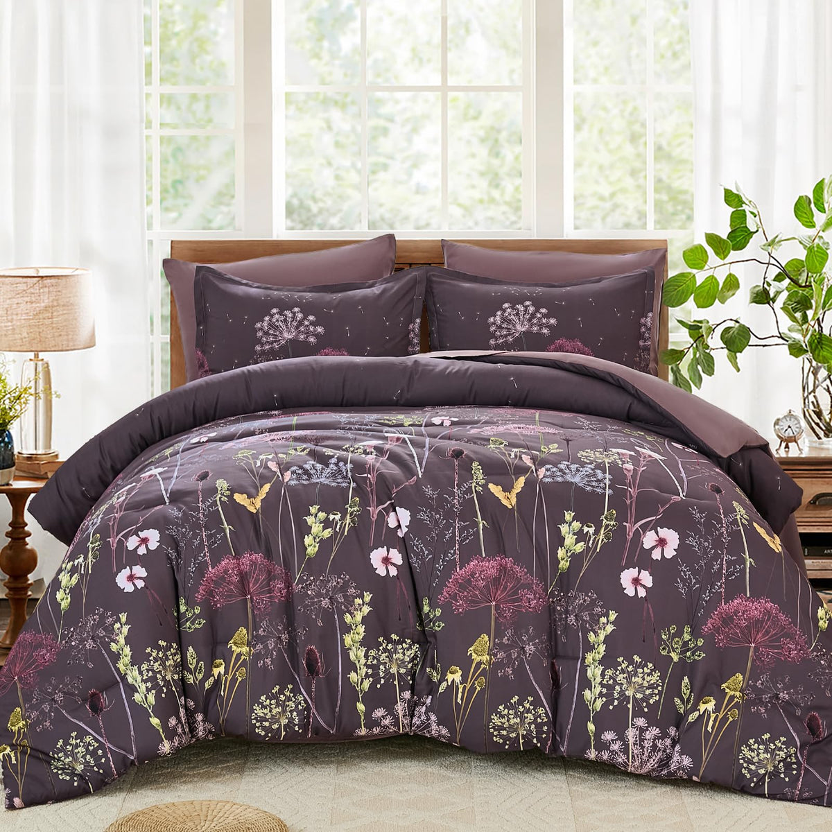 Yiran Black California King Comforter Set, 7 Pieces Floral Bed in a Bag