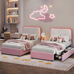 IDEALHOUSE Twin LED Bed, 2 Drawer Trundle, Pink Wave Headboard