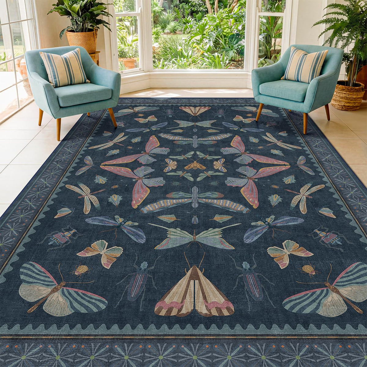 Hazo Haus Dark Green Insect Area Rugs 8x10 for Living Room, Dining Room Under Table, Bedroom, Unique Washable Floral Non Slip Low Pile Soft Rug