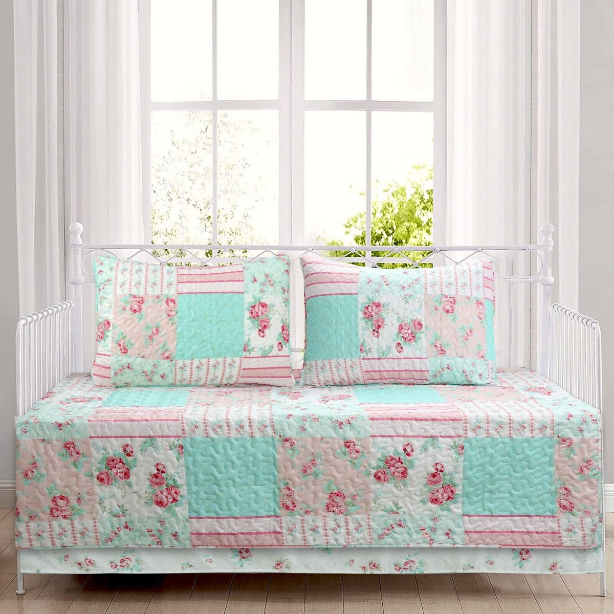 Cozy Line Home Fashions Light Pink Blue Flower Bloom Floral Garden Reversible Quilt Bedding Set, Coverlet Bedspread Lightweight for All Seasons (Carlotta, King - 6 Piece)