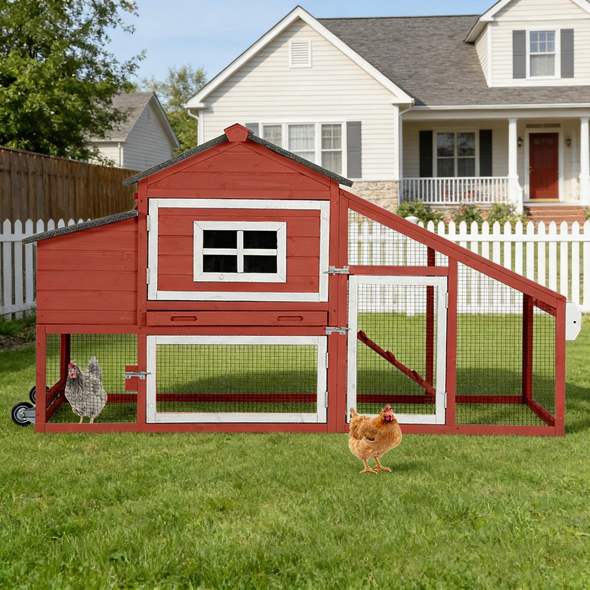 Mobile Chicken Coop with Wheels, Large Wooden Hen House with Run, Chicken Tractor with Waterproof Roof, Nesting Box & Pull-Out Tray, Outdoor Poultry Cage for Backyard Chickens/Rabbits (Grey)