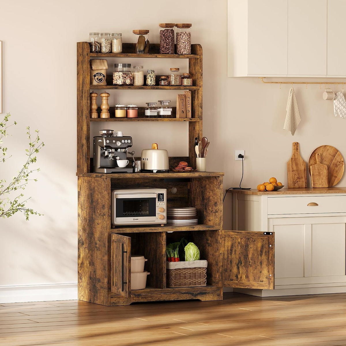 63" Kitchen Bakers Rack with Power Outlet, Coffee Bar Cabinet
