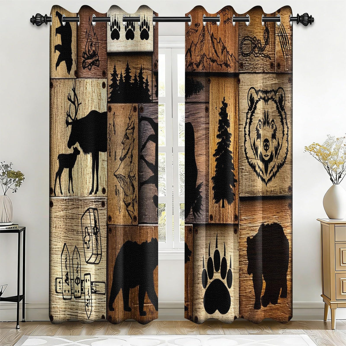 Rustic Woodland Blackout Curtains 108 Inch Long 2 Panels, Buffalo Plaid Patchwork Wildlife Bear Deer Silhouette Pine Grommet Drapes, Thermal Insulated Window Treatments for Living Room