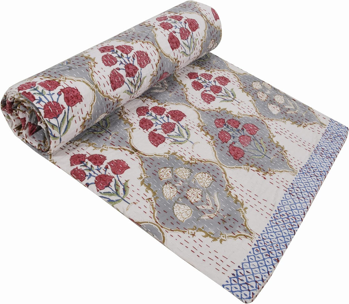 YUVANCRAFTS Indian Hand Block Print Kantha Quilt Queen Size Bedspread Blanket Cotton Bed Cover Vintage Boho Floral Print (Queen 90 X 108 Inch, White 3)