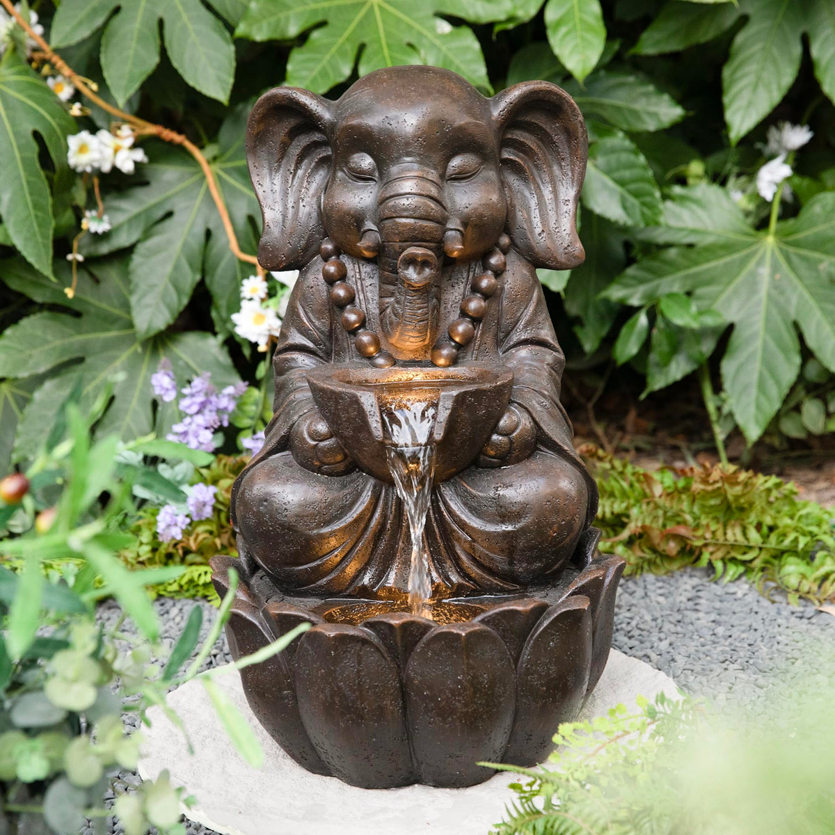 Glitzhome Buddha Statue 28" H, Outdoor Large Statue Zen Style Buddha Fountian with LED Light & Pump Polyresin Outdoor Floor Freestanding Fountain Garden Buddha Sculptures & Statues Lawn Décor