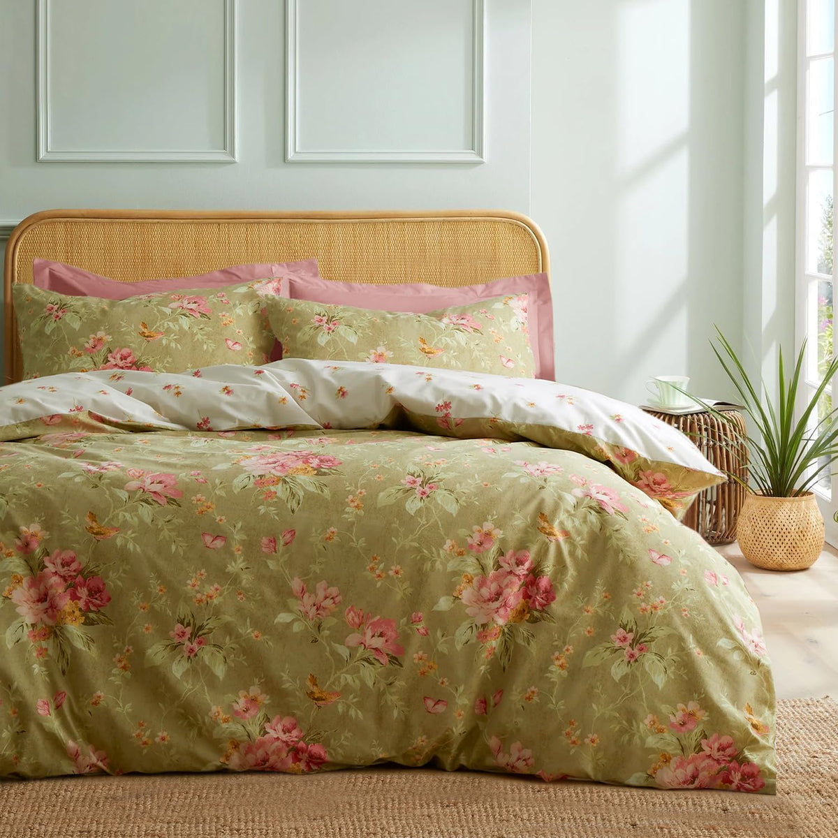 mixinni Garden Style Cotton Flowers and Birds Pattern Printed Duvet Cover Reversible Design Peacock Blue 3 Piece Bedding Duvet Set with Zipper Closure, Perfect for Him and Her-Queen Size