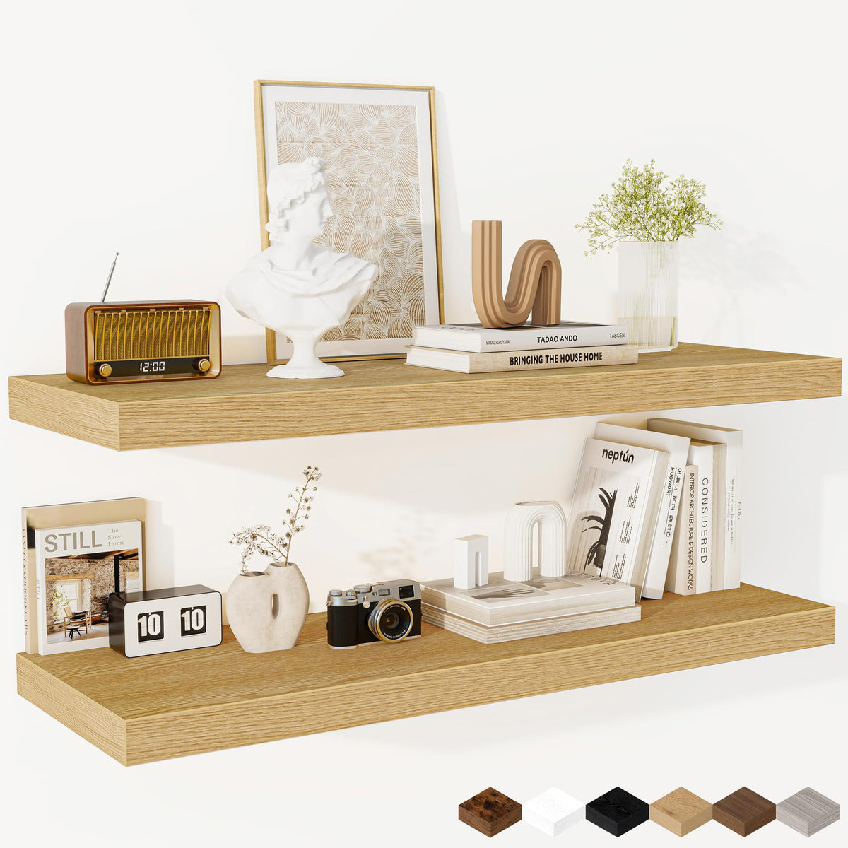 Fun Memories Floating Shelves - 2 Pack 12 Inch Rustic Wooden Wall Shelves - Extra Deeper & Thicker Wall Mounted Storage Shelf for Living Room, Kitchen, Farmhouse - 36" W x 12" D x 1.8" H - Brown