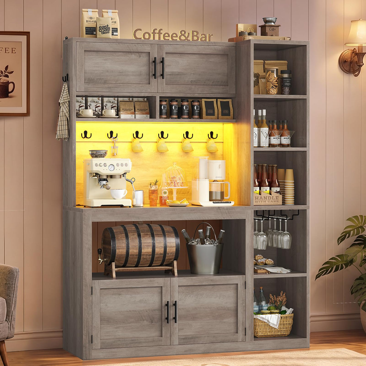 Itaar 35.4 inch Coffee Bar Cabinet, Bakers Rack with Power Outlet and Storage, Farmhouse Microwave Stand Kitchen Cabinet with Hutch, LED Lights, Wine Glass Holder and 8 Hooks, Black