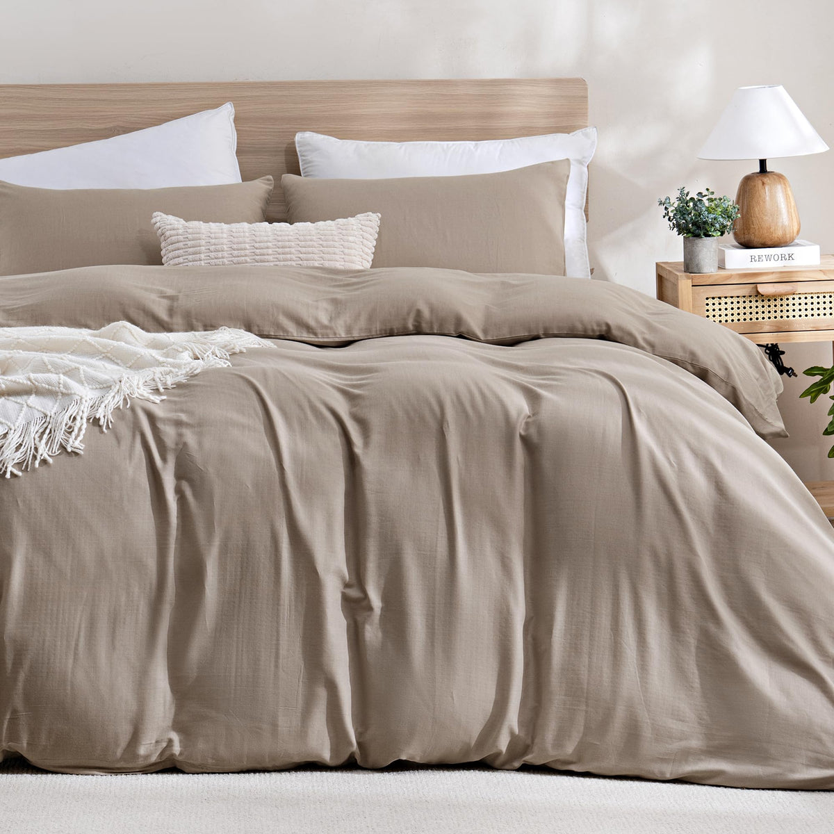 TOCOMOA Tan Gingham Duvet Cover Set Washed Cotton Like Linen, Cal King