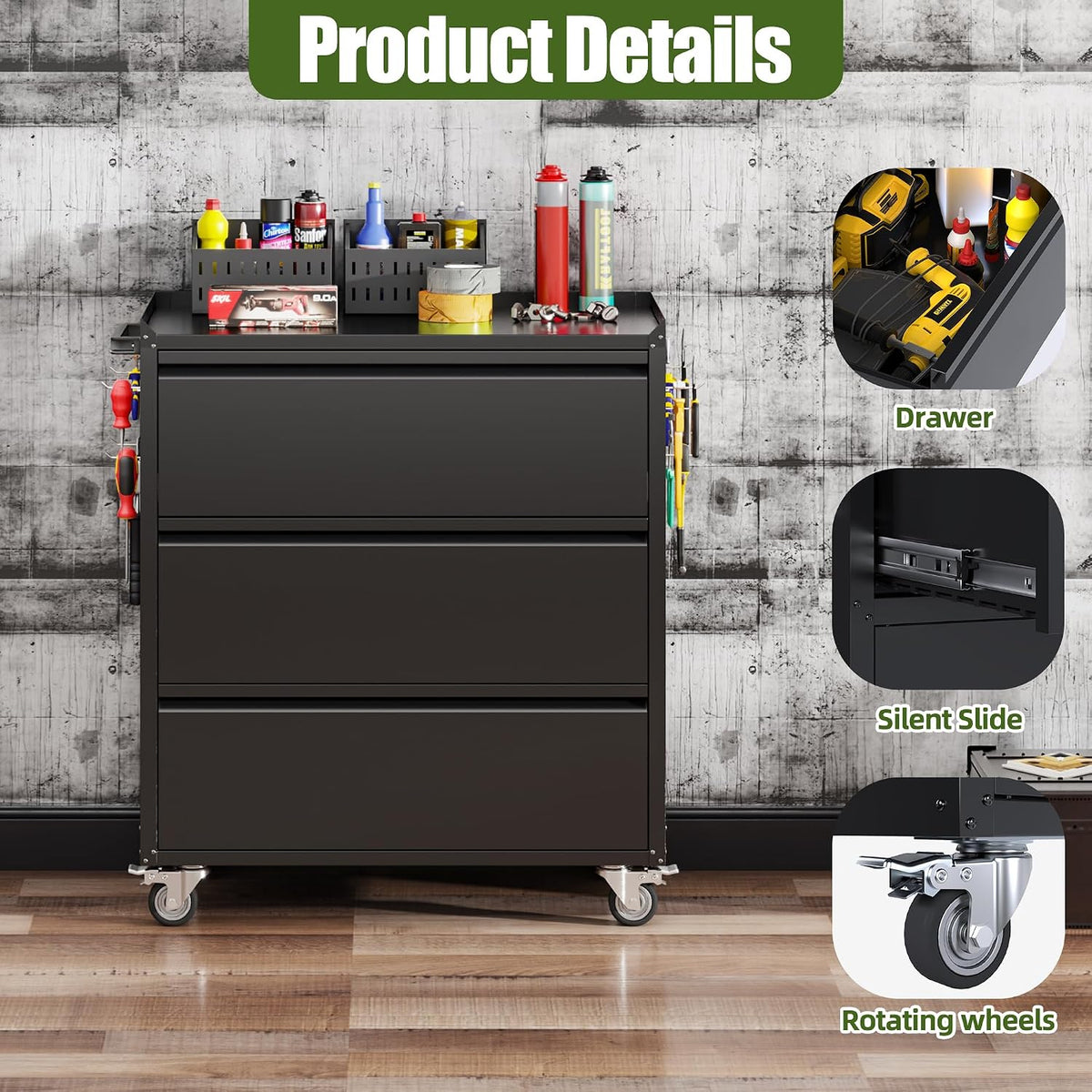 3-Drawer Rolling Tool Chest with Wheels, Pegboard and Push Handle