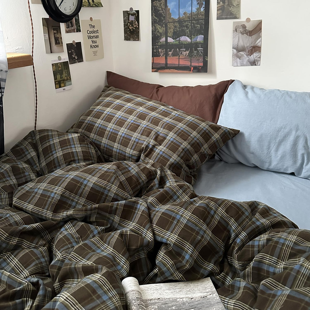 mixinni Vintage Buffalo Plaid Duvet Cover Set Queen Size - 3 Piece Washed Cotton Bedding Set with Grid Pattern, Soft & Breathable Duvet Cover with Pillowcases for All Seasons,(Brown & Blue,Beige)