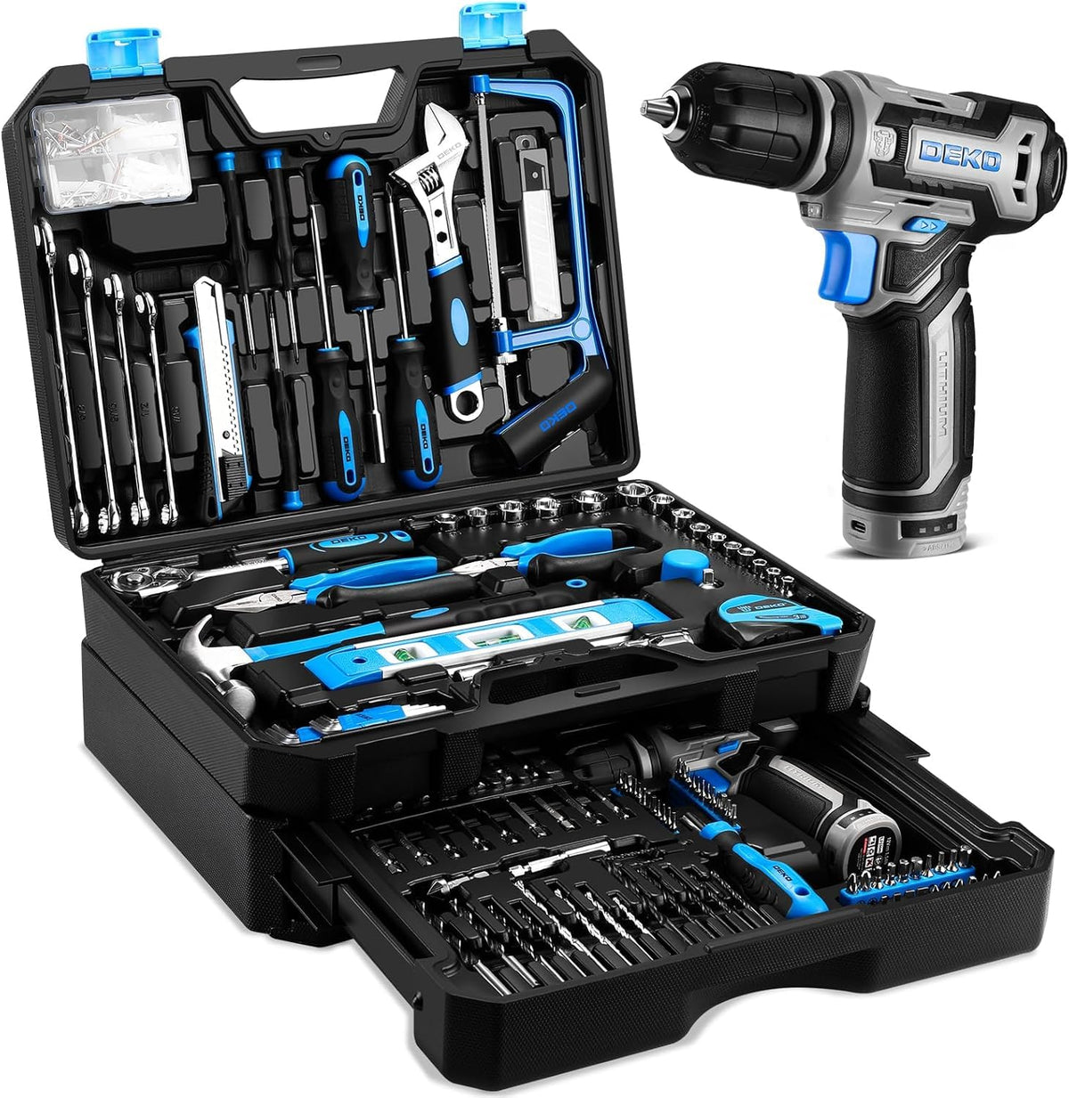 Pink Tool Kit Box Drill Set：DEKOPRO Home Mechanic Toolbox with 12V Power Cordless Drill Hand Repair Tools Sets Combo Kits Storage Organizer Drawer Case for Men & Women