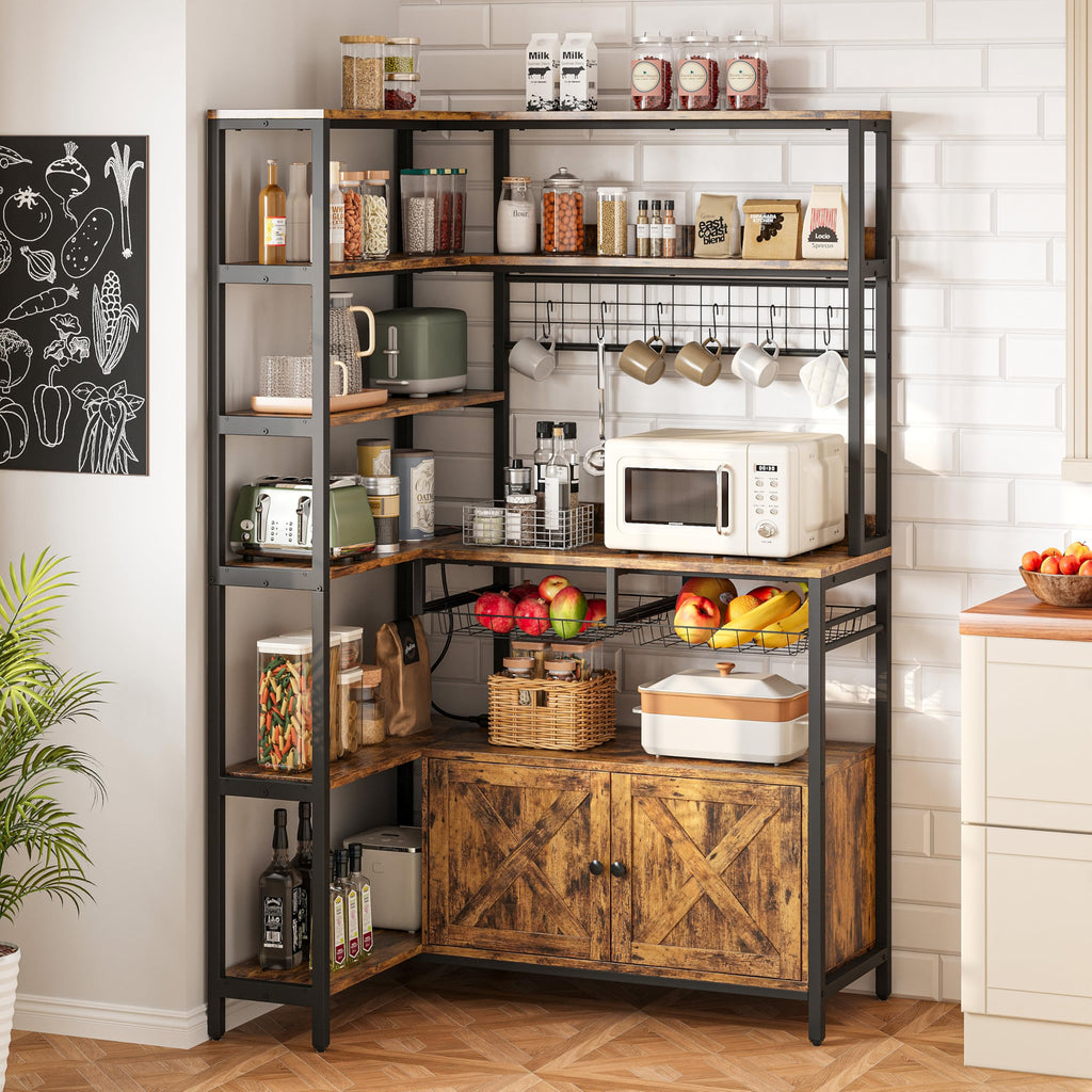 IRONCK Corner Bakers Rack with Outlet, 6-Tier Coffee Bar Cabinet 40.9"