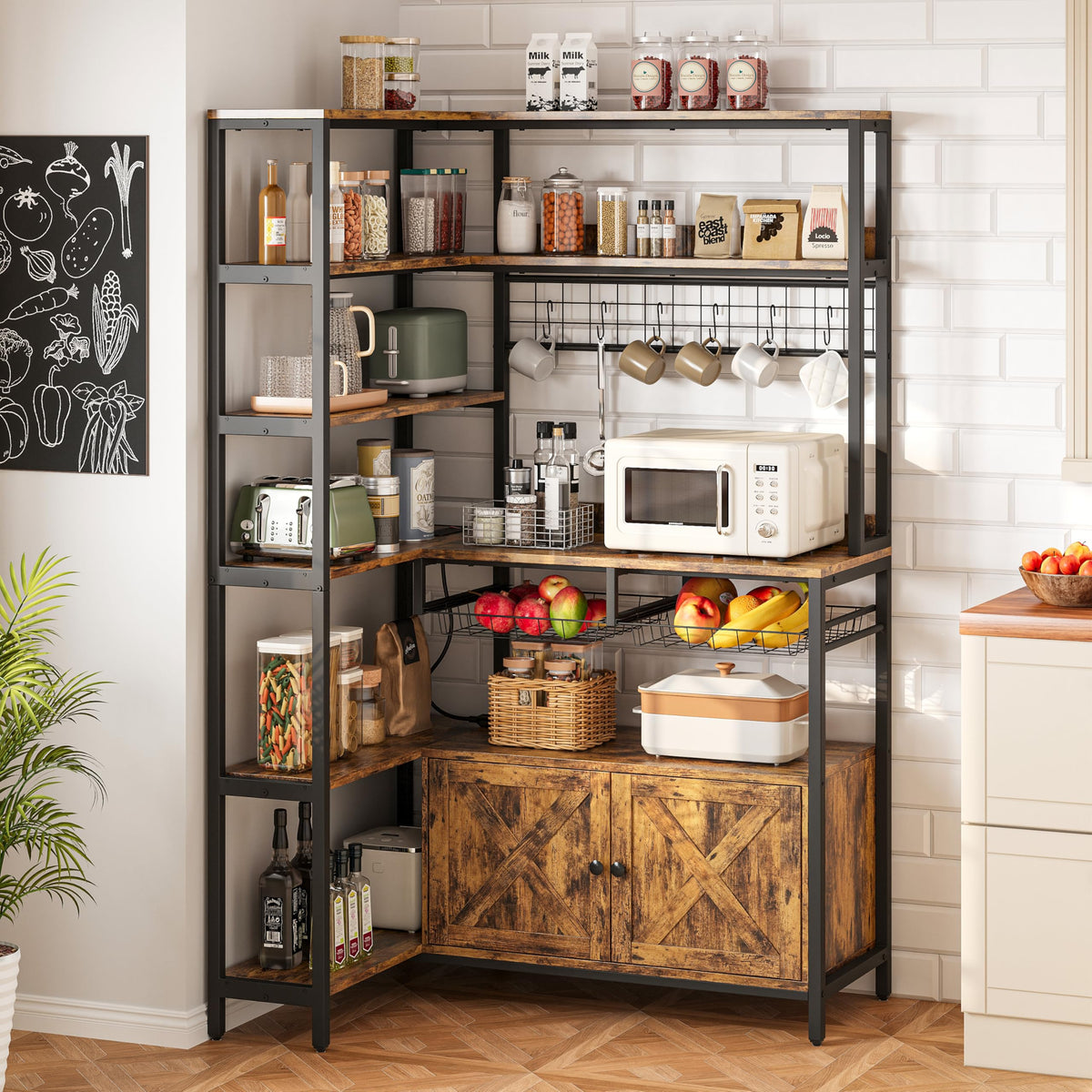 IRONCK Corner Bakers Rack with Outlet, 6-Tier Coffee Bar Cabinet 40.9"