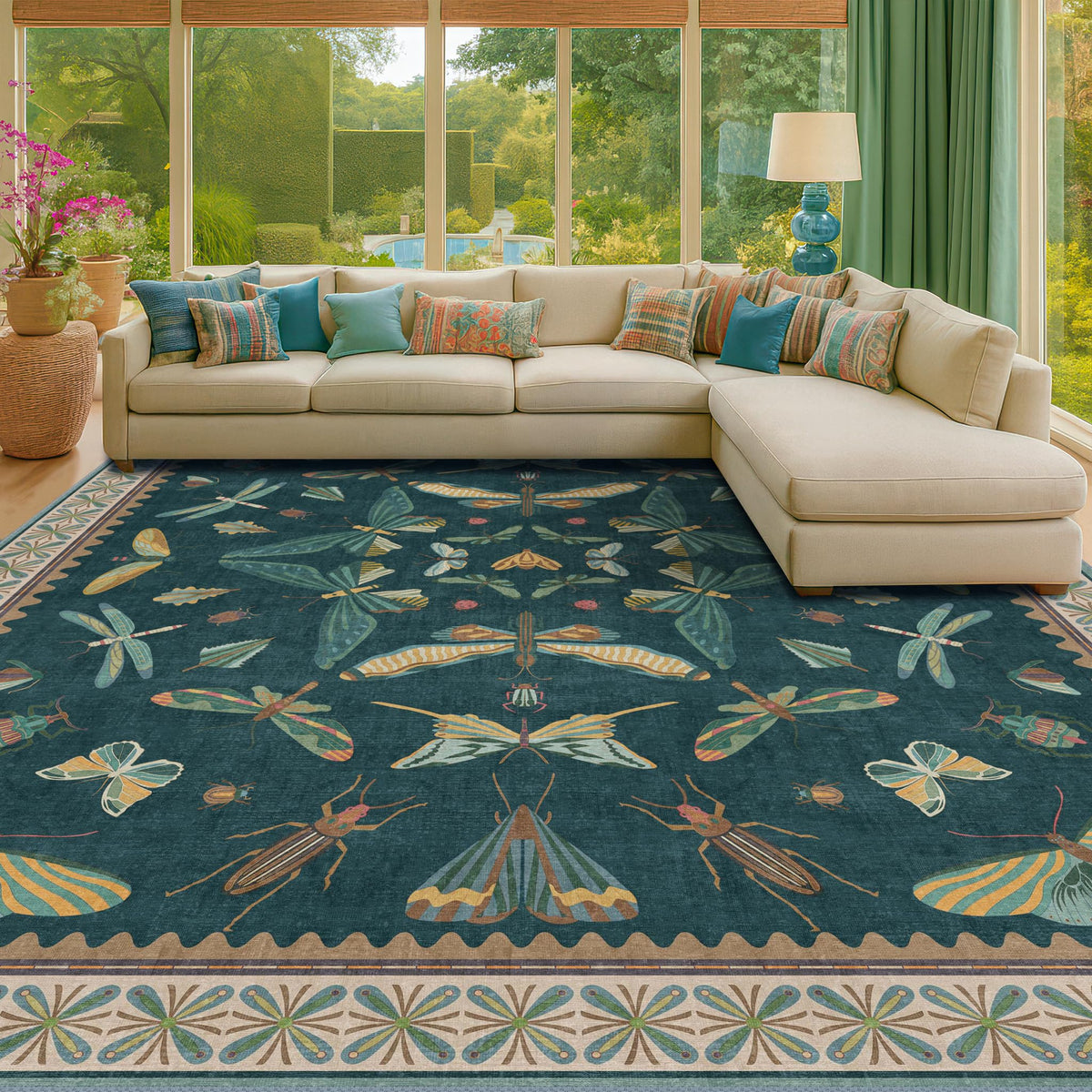 Hazo Haus Dark Green Insect Area Rugs 8x10 for Living Room, Dining Room Under Table, Bedroom, Unique Washable Floral Non Slip Low Pile Soft Rug