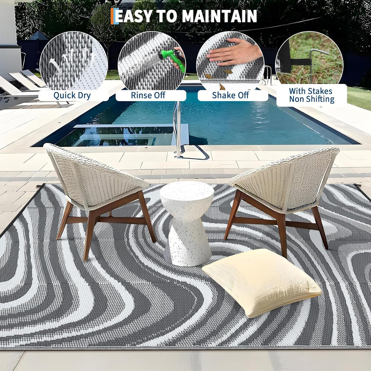 Garvee 5x8 Outdoor Rug Waterproof Modern Plastic Straw Rugs, Black Grey