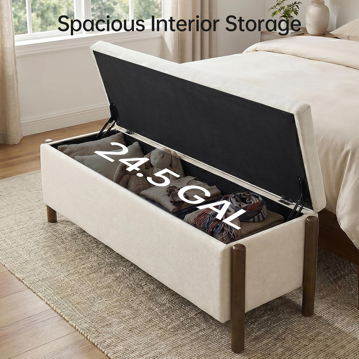 Usaint 47" Fabric Upholstered End of Bed Storage Ottoman Bench, Beige