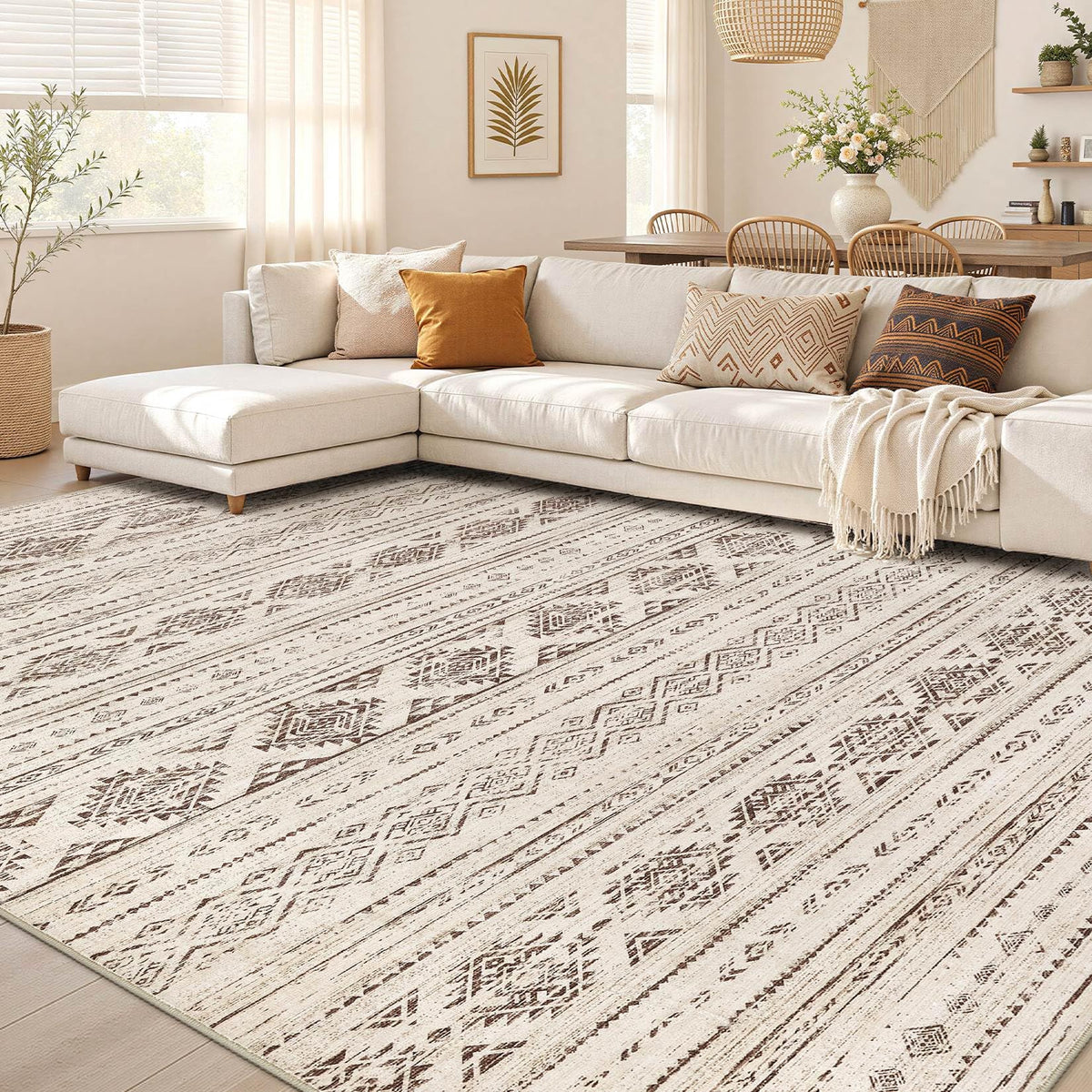 Nakagishi Boho 8x10 Area Rug Living Room Rugs Machine Washable Beige
