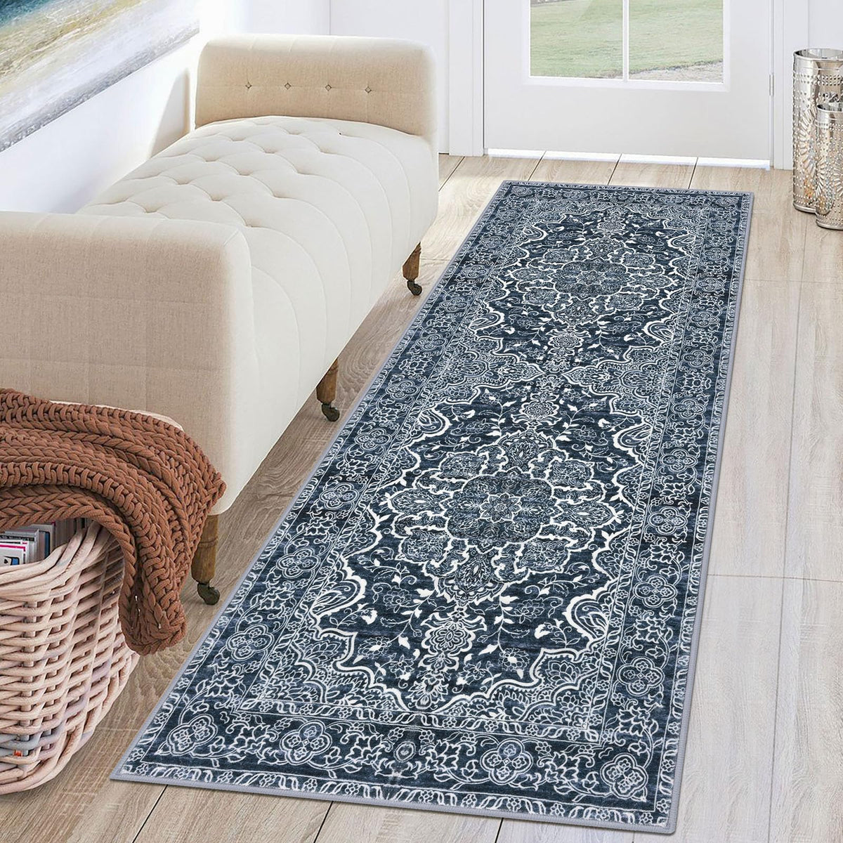 KUTA Vintage Extra Long Runners for Hallways 2.6x18ft Washable Blue White