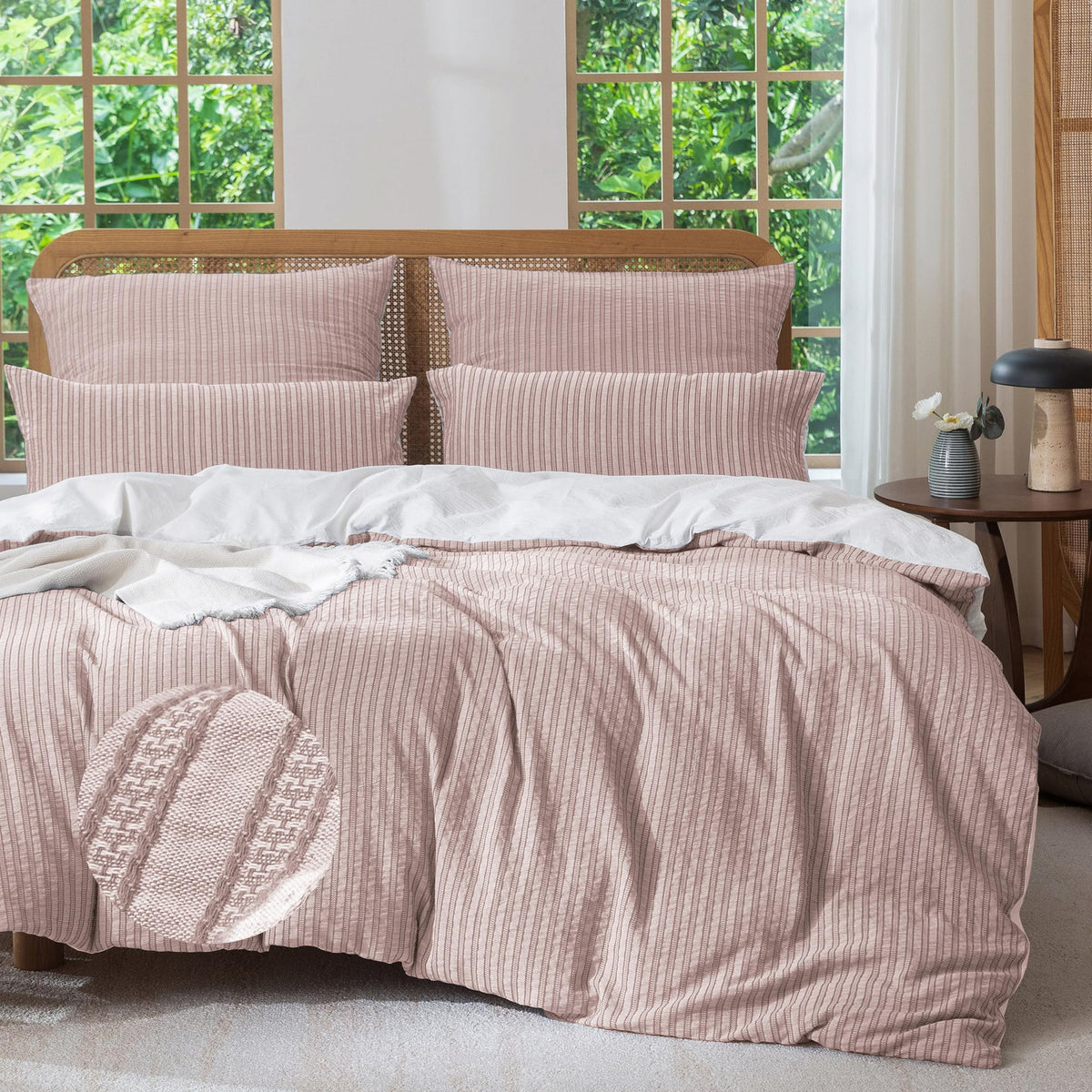 MILDLY Jacquard Striped Duvet Cover Set 3pcs Dual Zipper Pink Queen