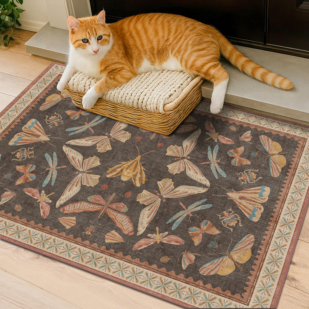 Hazo Haus Dark Green Insect Area Rugs 8x10 for Living Room, Dining Room Under Table, Bedroom, Unique Washable Floral Non Slip Low Pile Soft Rug